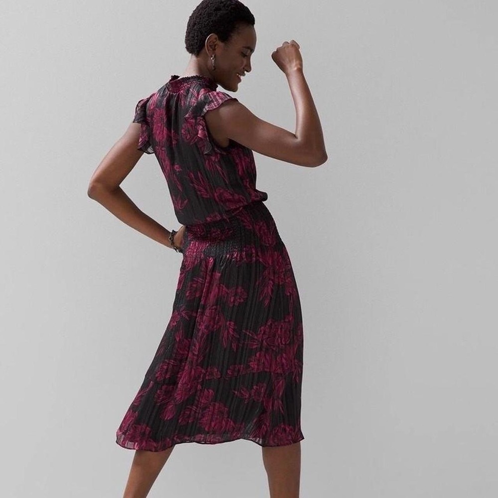 NWT WHBM Smocked Waist Midi‎ Ruffle Black Floral Shimmer Black Dahlia High Neck - Picture 6 of 9